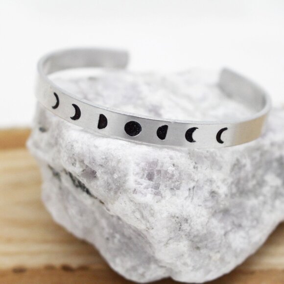 Moon Phases Bangle - Hand Stamped Anodized Aluminum Bangle - Adjustable - Picture 1 of 11